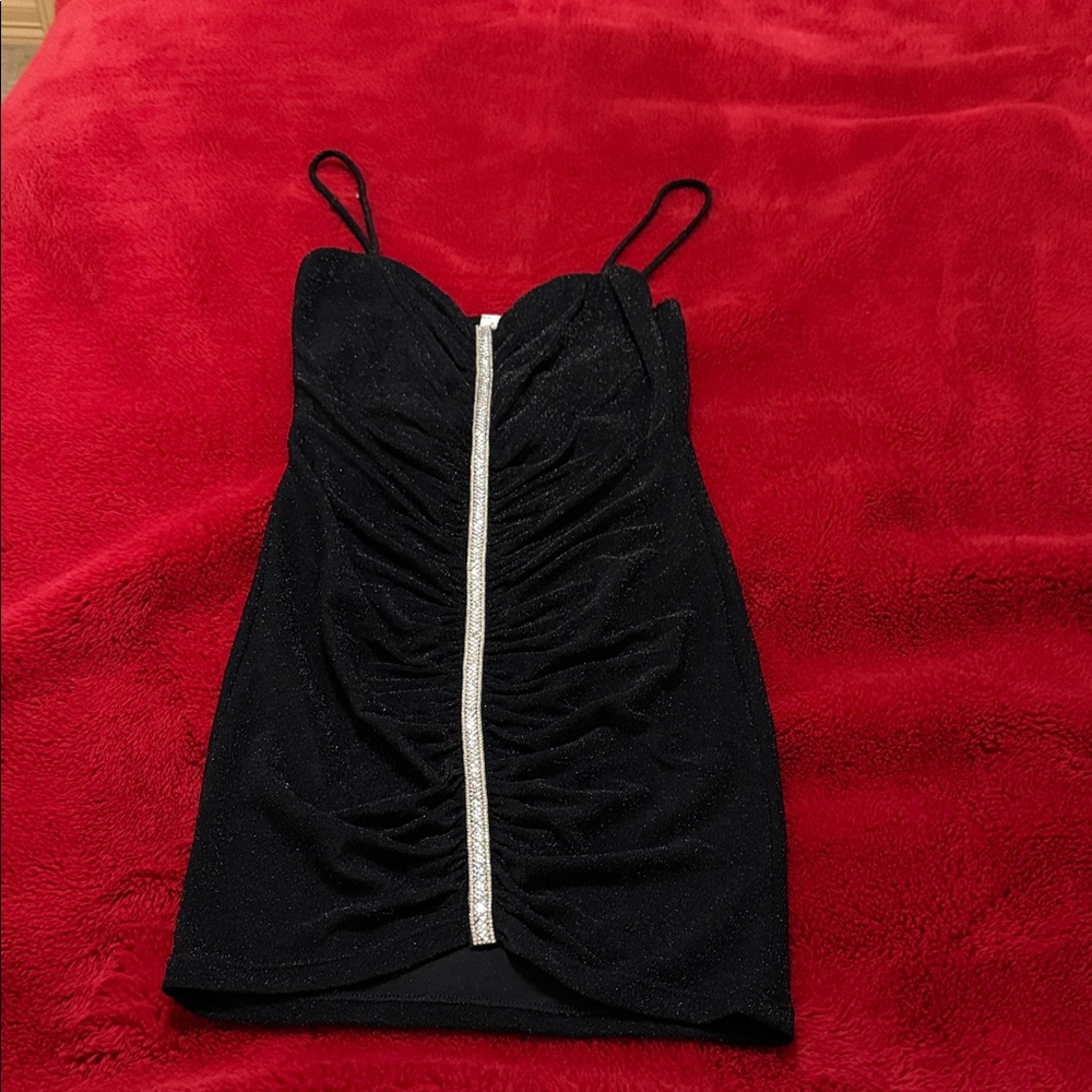 Black Ruched Stretchy Dress with Silver Detail